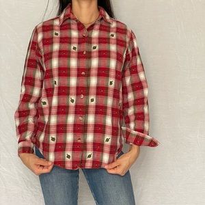 100% cotton red flannel with leaves